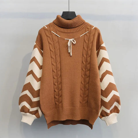 Black Friday Sonicelife Twisted Turtleneck Pullover Sweater Women Lantern Sleeves Striped Pactchwork Fall Winter Warm Knitted Sweater Casual Lazy Tops