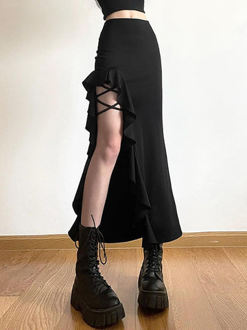 Sonicelife-High Waist Irregular Split Goth Skirt