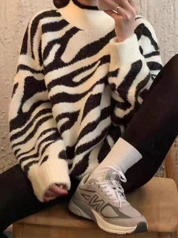 Sonicelife-Zebra Jacquard Mock Neck Knit Sweater