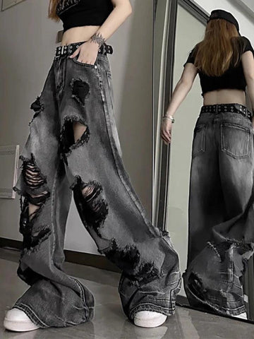 Sonicelife-Washed Black Ripped Boyfriend Jeans