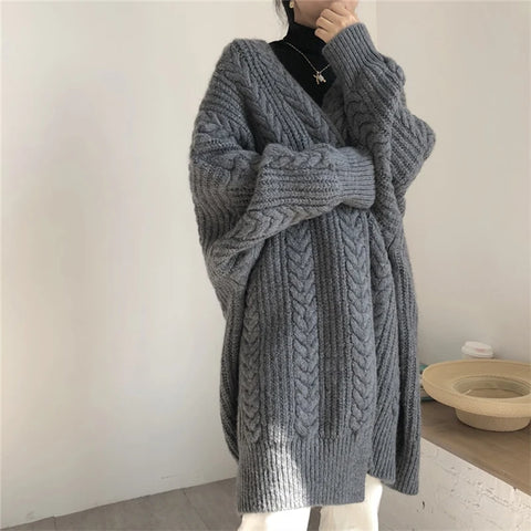 Sonicelife Autumn Winter Women Loose Warm Long Cardigan Coat Solid Long Sleeve Knit Thicken Sweater Coat Streetwear TRAF Women Coat