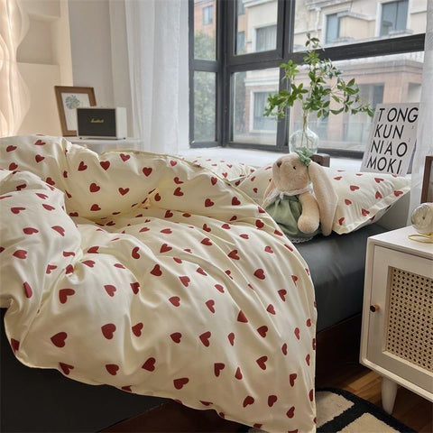 Sonicelife Korean Style Bedding Set Kid Adult Twin Full Queen Size Bed Flat Sheet Love Heart Duvet Cover Set Pillowcase Bed Linen No Filler