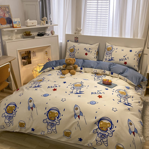 Sonicelife Kawaii Kids Bedding Set Soft Cotton Flat Fitted Sheet Duvet Cover Pillowcases Single Queen Cartoon Boy Girls Dormitory Bed Linen