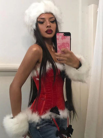 Sonicelife Christmas Mall Gothic Corset Crop Tank Tops Women Streetwear Sexy Bow Patchwork Vest Hotsweet Y2k E-girl Rave Outfits