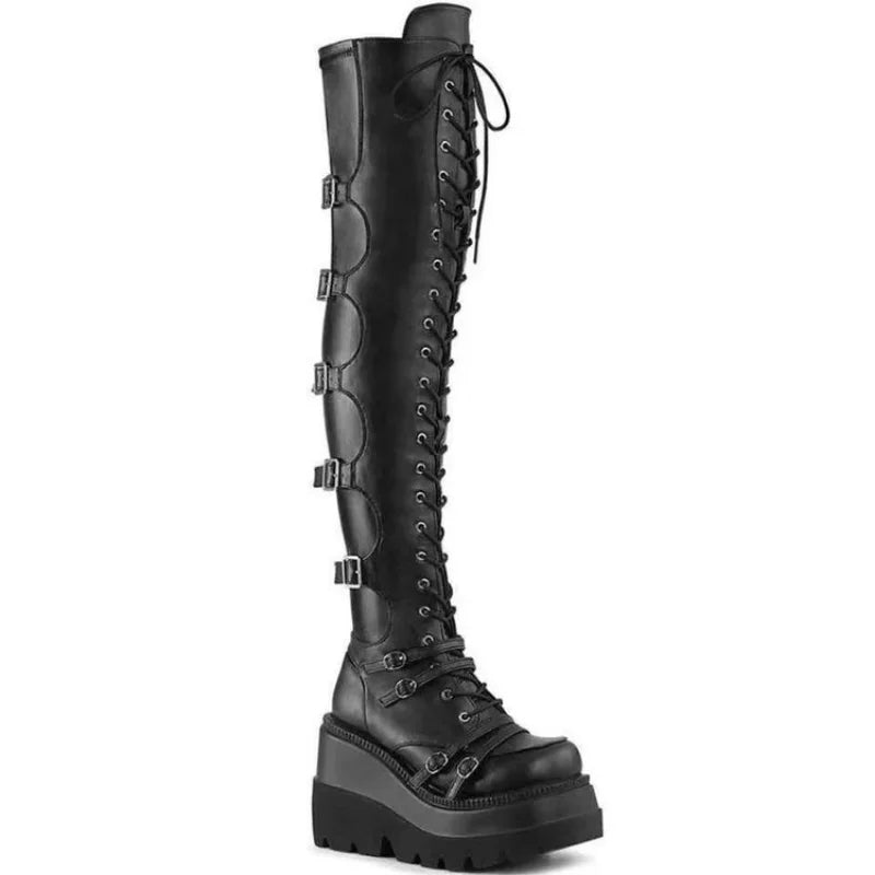 Sonicelife Brand Design Big Size 43 Shoelaces Cosplay Motorcycles Boots Buckles Platform Wedges High Heels Thigh High Boots Women Shoes