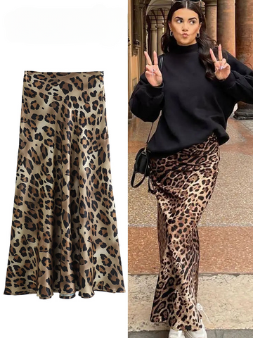 Sonicelife 2024 Women Fashion Leopard Print Skirt Vintage High Waist Midi Skirts Elegant Women Summer Casual Streetwear Skirt