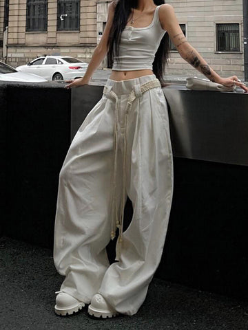 Sonicelife Y2K Casual Wide Leg Pants Women American High Street Fashion Sweatpants White Loose All Match Pleated Trousers Female New