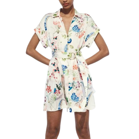 Sonicelife Women's Long Sleeve Mini Dress, Flower Printed Silk Satin, Satin Feel, Waist Lace, Versatile, New