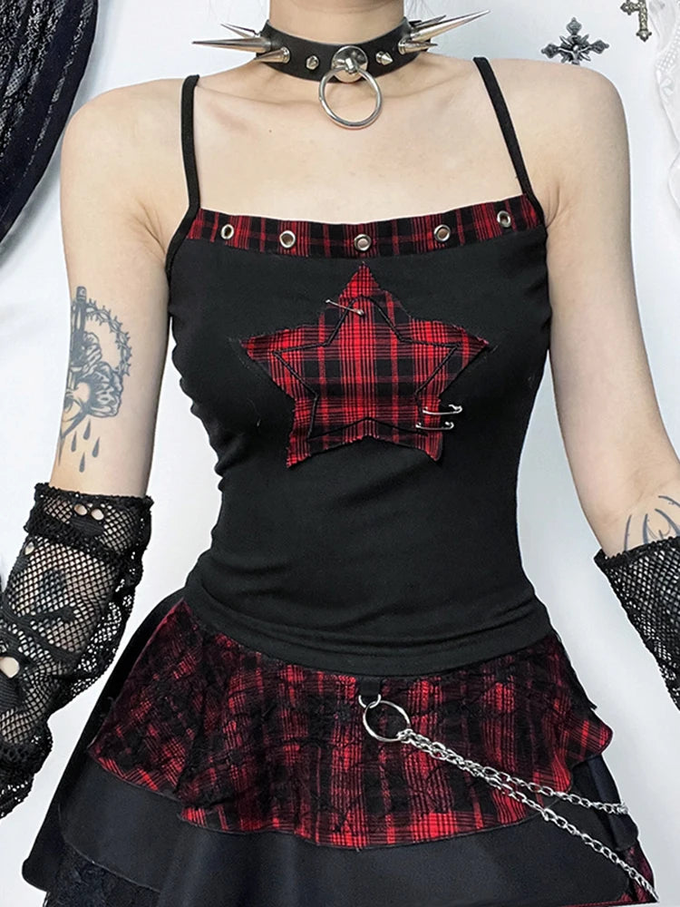 Sonicelife Streetwear Y2k Camis Women Aesthetic Mall Goth Red Plaid Pentagram Patchwork Crop Tank Tops Harajuku Cyber Punk Clothes