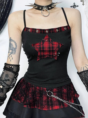 Sonicelife Streetwear Y2k Camis Women Aesthetic Mall Goth Red Plaid Pentagram Patchwork Crop Tank Tops Harajuku Cyber Punk Clothes