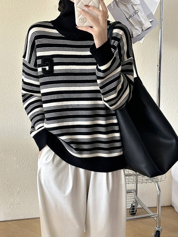 christmas outfit Sonicelife Long Sleeves Loose Contrast Color Split-Joint Striped High Neck Pullovers Sweater Tops