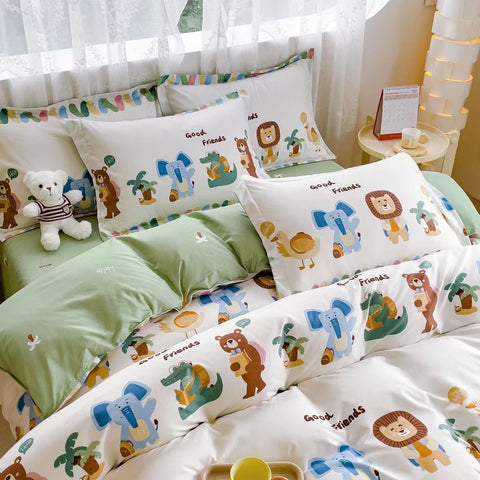 Sonicelife Cute Rabbit Carrot Bedding Set Soft Green Flat Sheet Quilt Cover Pillowcase Bed Linen Twin Queen Full Size Floral Duvet Cover