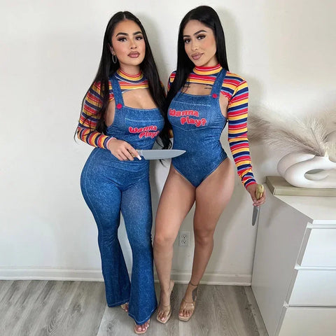 Sonicelife Women Wanna Play Letter Print Overalls Imitation Denim Jumpsuits Romper Striped Long Sleeve Crop Shirt Halloween Cosplay Outfits