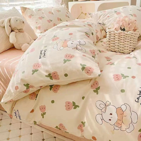 Sonicelife Floral Bedding Set Kawaii Rabbit Duvet Cover Flat Sheet Pillowcase Soft Bed Linens Single Full Dormitory Bedroom Home Textile