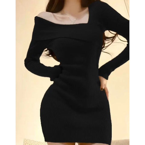 Black Friday Sonicelife Knitted Dress Women Autumn Winter Long Sleeved Sexy Off Shoulder Stretch Sweater Solid Elegant Skinny Chic Korean Lady Dress