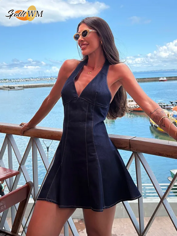 Sonicelife Sexy V Neck Denim Mini Dress Elegant A-line Pleated Sleeveless Off Shoulder Gown New Women's Summer Vacation Party Vestidos 2025