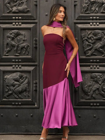 Sonicelife 2025 Chic Purple Shawl Collar Off Shoulder Maxi Dress Fashion Contrast Spliced Pleated Hem Backless Robe Lady New Party Dresses