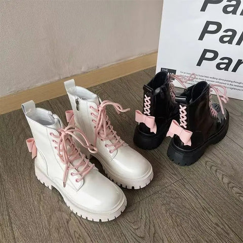 Sonicelife Sweet Cool  Boots Women's Summer Pink Bow Lacquer Leather Skinny Motorcycle Boots English Style Thick Sole Short Boots