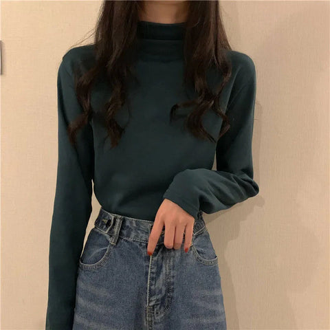 Black Friday Sonicelife Fall Half Turtleneck Warm Women Sweater Fashion Long Sleeve Basic Knitted Jumper Female High Elastic Simple Solid Color Pullover