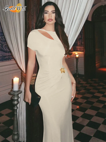 Sonicelife Elegant Lady Pleated Bodycon Robes Women Fashion Round Neck Short Sleeve Backless Long Dresses New Summer Club Party Gowns 2025