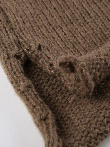 Sonicelife-Solid V Neck Slit Rolled Sweater