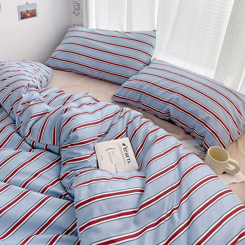 Sonicelife Simple Red and Blue Striped Duvet Cover and Four Piece Bed Sheet Set with Washed Cotton Bedding on the Bed