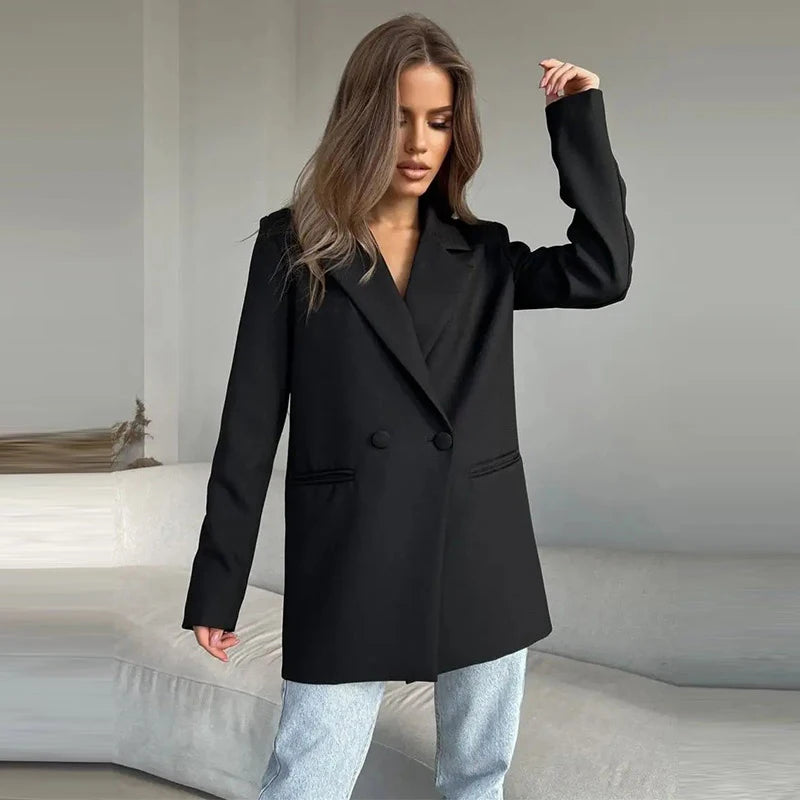 Sonicelife Elegant Solid Women's Suit Coat Loose Lapel Long Sleeve One Button Shoulder Pads Female Jackets 2024 Autumn Lady Commute Outwear