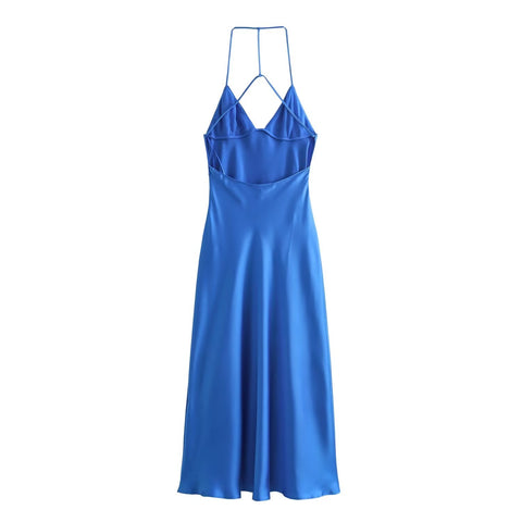 Sonicelife Women's New Printed V-Neck Hanging Neck Long Dress Silk Satin Texture Open Back Sexy Underwear Dress