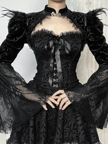 Sonicelife Palace Style Gothic Smock Women Vintage Streetwear Y2k Feather Lace Patchwork Flare Sleeve Crop Tee Tops Cosplay Clothes