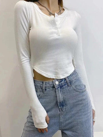 Sonicelife-Asymmetric Button Front Knit Crop Top