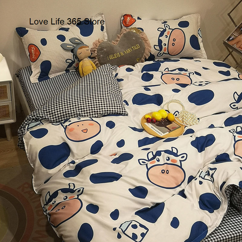 Sonicelife INS Blue And White Cow Stripe Cartoon Bedding Set Cute Animal Quilt Cover Soft High Quality Polyester Sheet Bedroom Decor