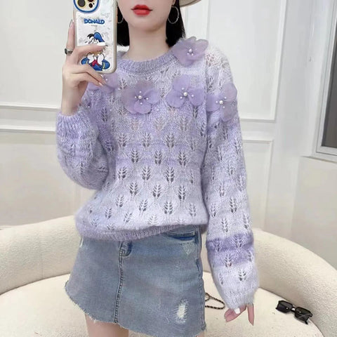 Black Friday Sonicelife Sweet Flowers Sweater Women Pink Beaded Hollow Out Loose O-Neck Knitted Jumpers Fashion Spring Fall Long-Sleeved Lazy Pretty Top