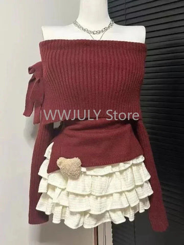 Sonicelife Winter Kawaii Sweet 2 Piece Set Woman Off Shoulder Bow Knitted Tops + Mini Cake Skirt Female Korean Fashion Casual Suit 2025 New