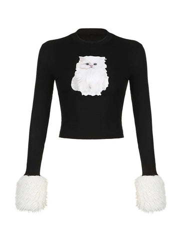 Sonicelife-Kitty Print Plush Splice Cropped Long Sleeve Knit