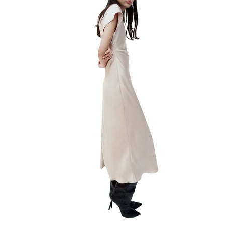 Sonicelife Women's Pleated Round Neck Sleeveless Silk Dress, Satin Texture, Minimalist Temperament, New