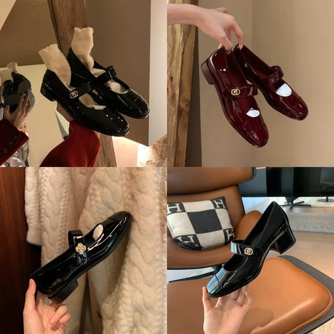 Sonicelife 2025 Fashionable Sheepskin Gold Buckle Round Toe Shallow Cut Flat  with Thick Heels,  Jane Shoes, Women's Singles Shoes