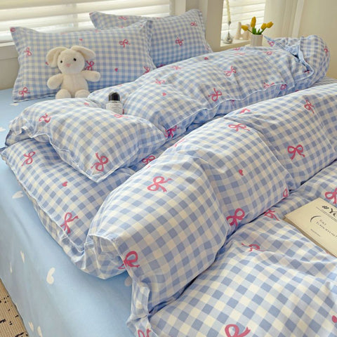 Sonicelife Classic Plaid Bedding Set 2024 Blue Pink Twin Queen Duvet Cover Flat Sheet Pillowcase No Filler Girl Boys Hotel Home Bed Linens