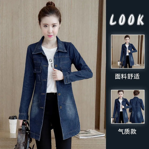 Sonicelife 2025 New Autumn Winter Korean Denim Jacket Women Slim Long Base Coat Women's Frayed Navy Blue Casual Female Jeans Jackets Coats