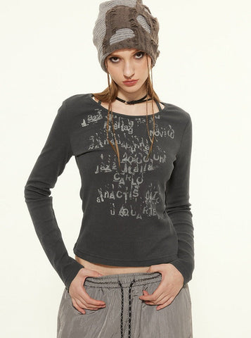 Sonicelife-Casual Round Neck Strap Letter Printed Long-Sleeved Top