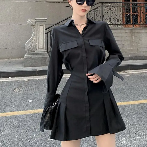 Sonicelife Black Shirt Dress Women Elegant Vintage Long Sleeve Pleated Dress Sexy Gothic Y2k Turn Down Collar Casual Mini Vestidos