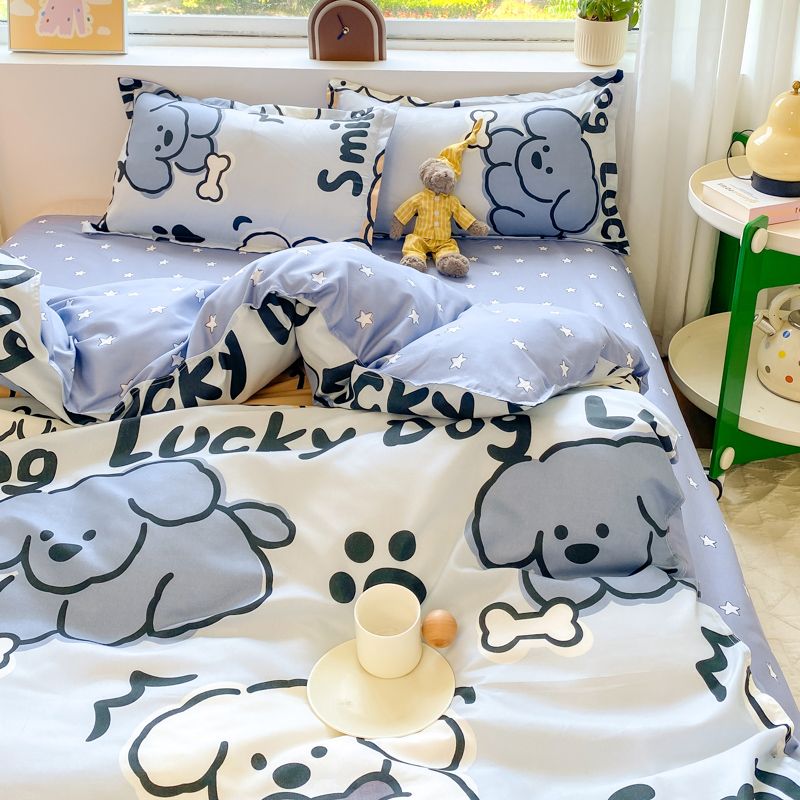 Sonicelife Cute Bear Bedding Set Girls Boys Kids Single Double Size Flat Sheet Duvet Cover Pillowcase Bed Linens White Blue Home Textile