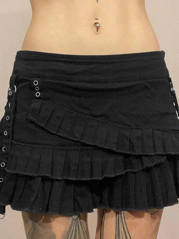 Sonicelife-Tiered Pleated Denim Mini Skirt