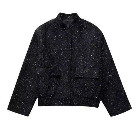 christmas outfit Sonicelife Women's Sequined Bomber Jacket Fall O Neck Long Sleeve Pocket Stretch Hem Sequins Jacket Coat Female Chic Outerwear