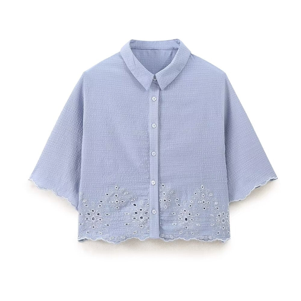 Sonicelife Women's Hollowed-Out Embroidery Shirt with Single Breasted Buttons Versatile Short Sleeved Top for Commuting Style New