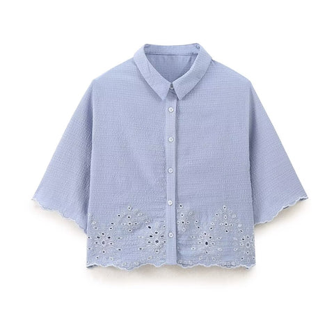 Sonicelife Women's Hollowed-Out Embroidery Shirt with Single Breasted Buttons Versatile Short Sleeved Top for Commuting Style New