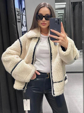 christmas outfit Sonicelife Autumn and Winter Faux Fur Jacket with Zipper Women Long Sleeve Warm Jackets Coat Casual Lapel Cold Coat High Quality