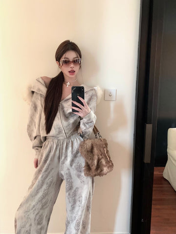 Sonicelife New Retro Suit Leopard Print Fur Collar Hoodie Women Clothes Casual Simple Y2K Street Wide Leg Pants Zipper Jacket Two Piece Set