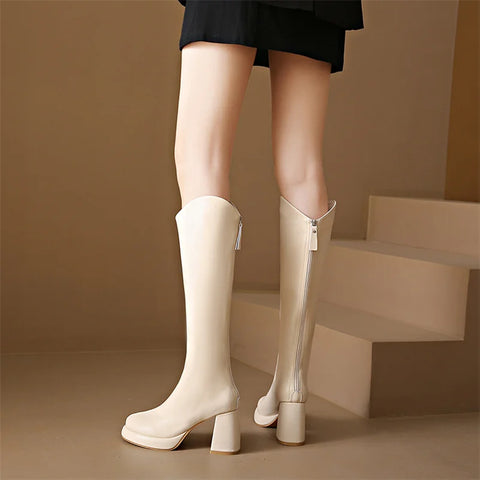 Sonicelife Women Knee High Boots 3cm Platform 8cm High Heels Square Mid Heels White Boots Lady Fetish Stripper Booties Leather Zipper Shoes