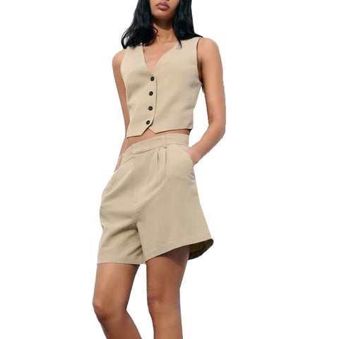Sonicelife Single Breasted Vest with Split Linen for Women Pleated Design High Waisted Casual Shorts Set New