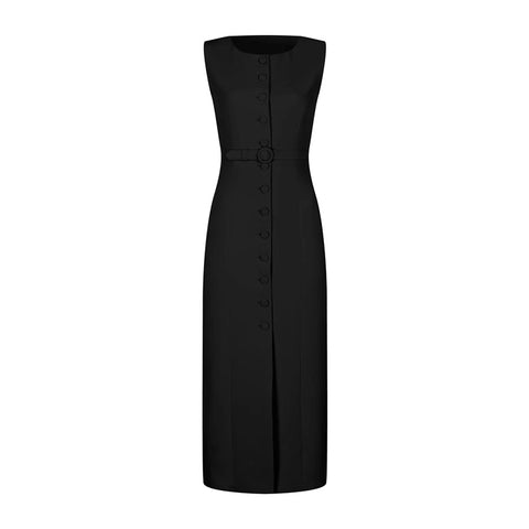 Sonicelife Elegant Single Breasted Tank Dress Women Sleeveless O-neck Slim Solid Belts Dresses 2025 Spring Commute Street Split Lady Robes